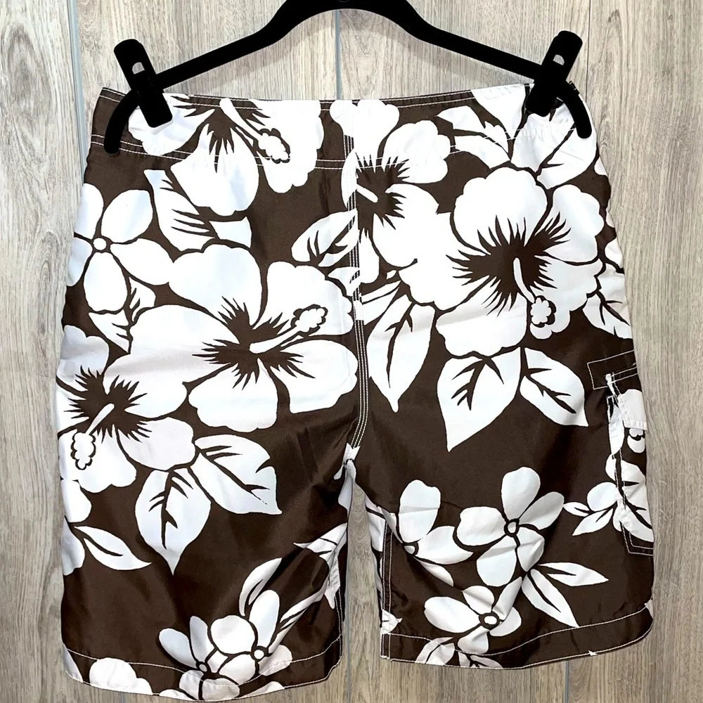 Old Navy Brown & White Floral Surf Shorts Lined Cargo Pocket Tie Front Sz M - Picture 1 of 11